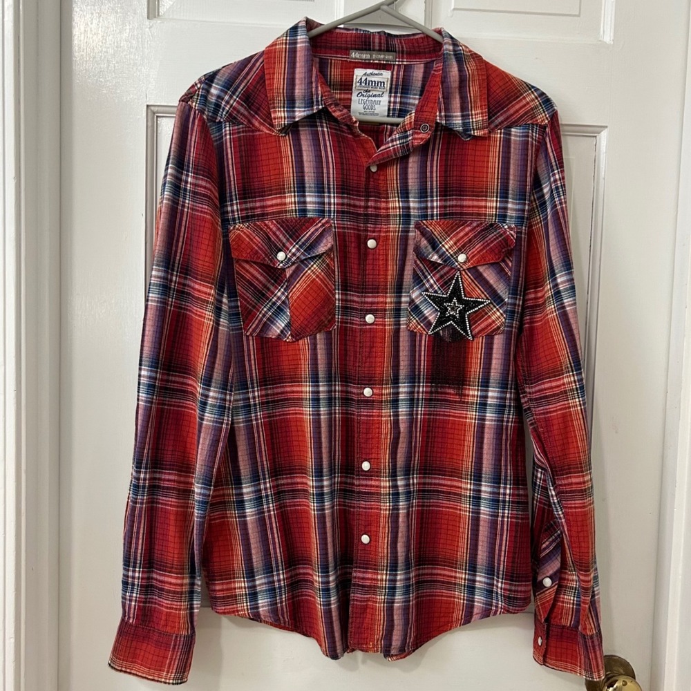 44mm Plaid Western Shirt Mens M Red Rhinestone Star Pearl Snap Star Rodeo